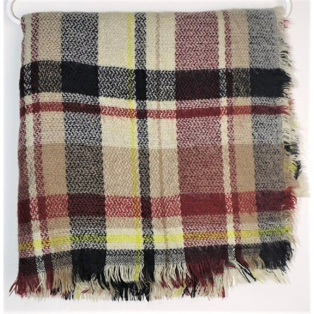 Plaid Shawl Large Scarf Wrap 50"x52" Cranberry Tan Black Yellow Fringed  JH801